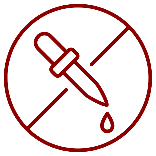 A dark red circular icon featuring a crossed-out dropper and drop symbol, set against a solid white background.