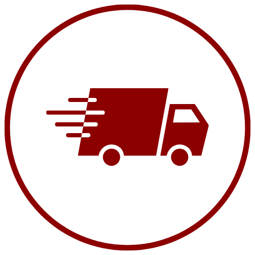 A dark red icon of a delivery truck inside a dark red circular border on a white background.