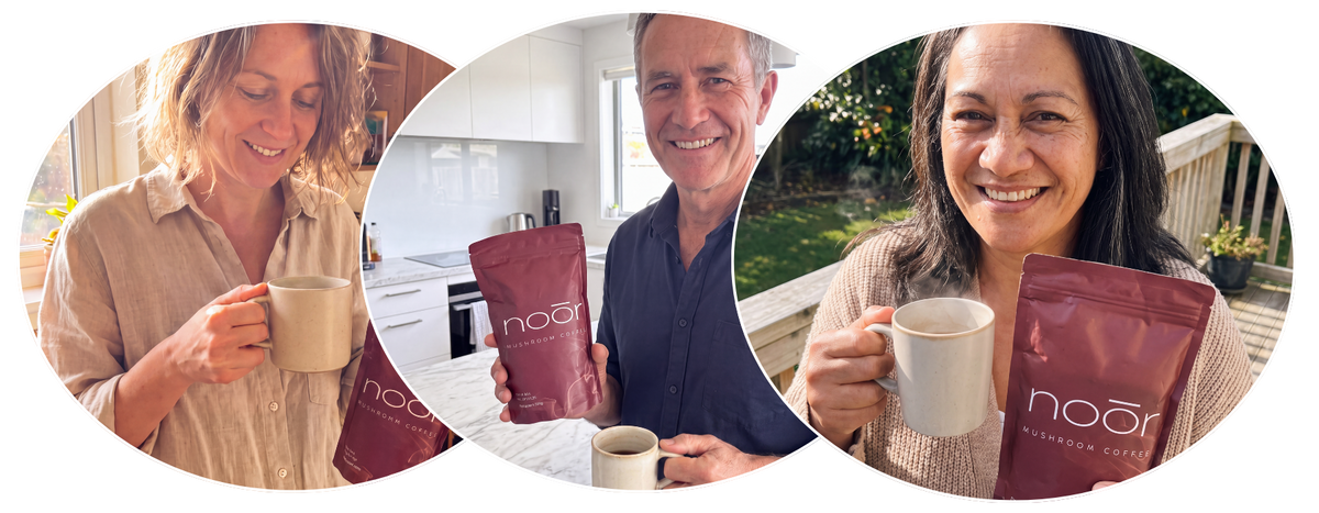 Three circular lifestyle photos show smiling women and a man holding a pouch of Noor Breakfast Coffee and drinking from a mug in a kitchen and outdoor porch setting.