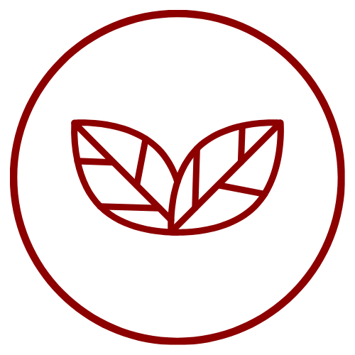 A minimalist dark red icon featuring two overlapping leaf shapes inside a circular border on a solid white background.