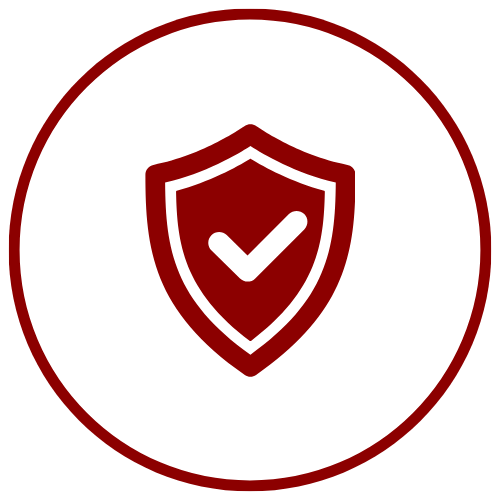 A dark red shield icon with a white checkmark inside, centered on a white circular background.
