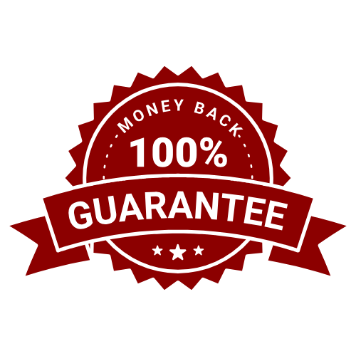 A red and white digital graphic badge featuring a circular seal with the text 'MONEY BACK 100% GUARANTEE' and a ribbon banner across the middle.
