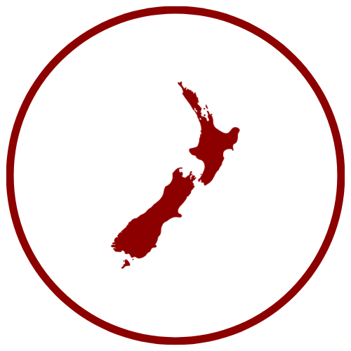 A minimalist graphic featuring a dark red silhouette of New Zealand enclosed within a thin dark red circular border on a solid white background.